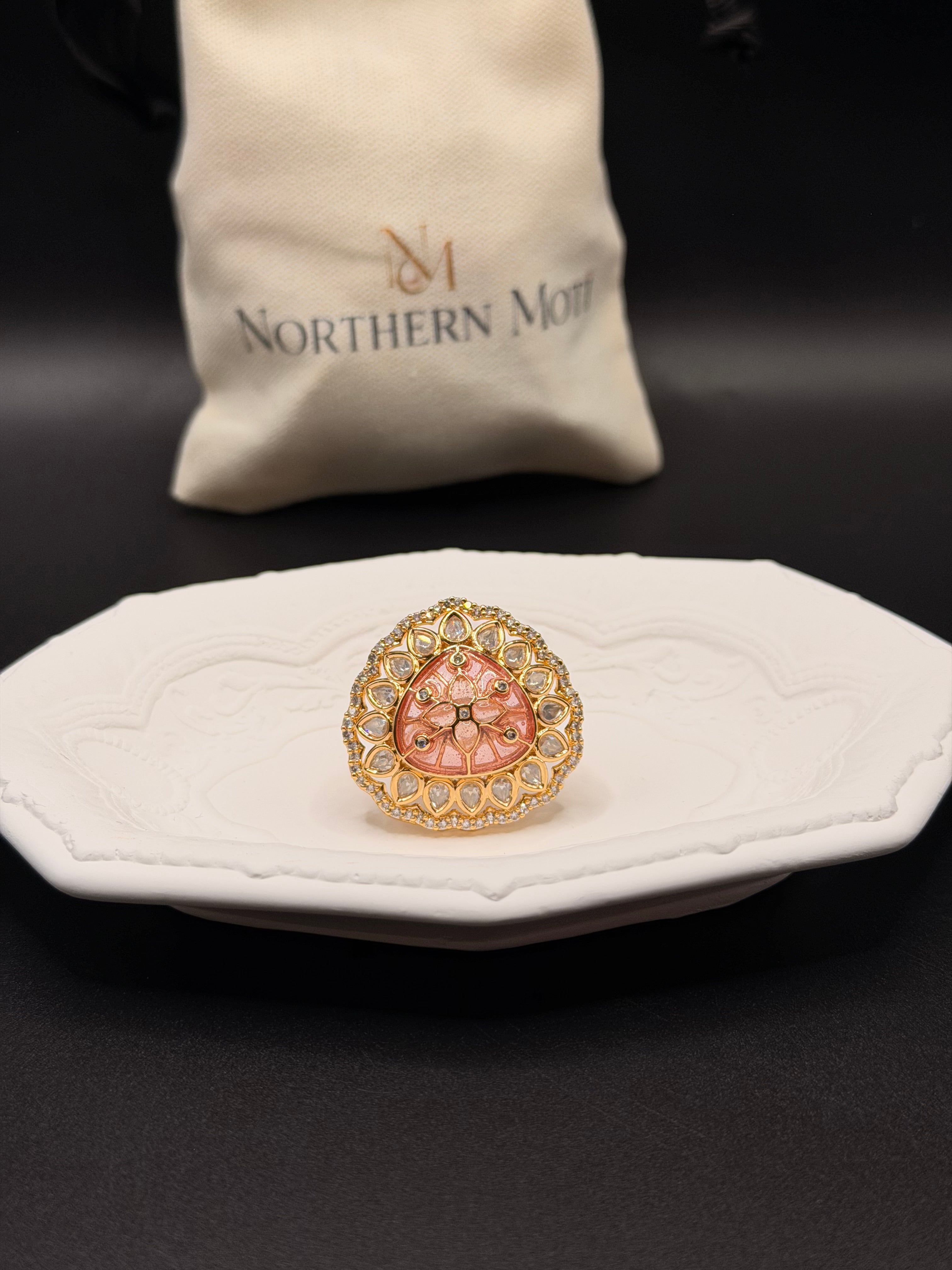 Peach Carved Polki Ring - Image 1