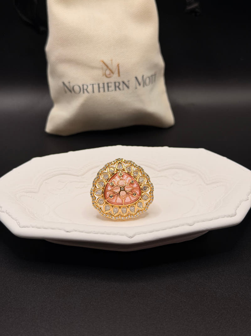 Peach Carved Polki Ring - Image 1