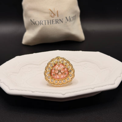Peach Carved Polki Ring