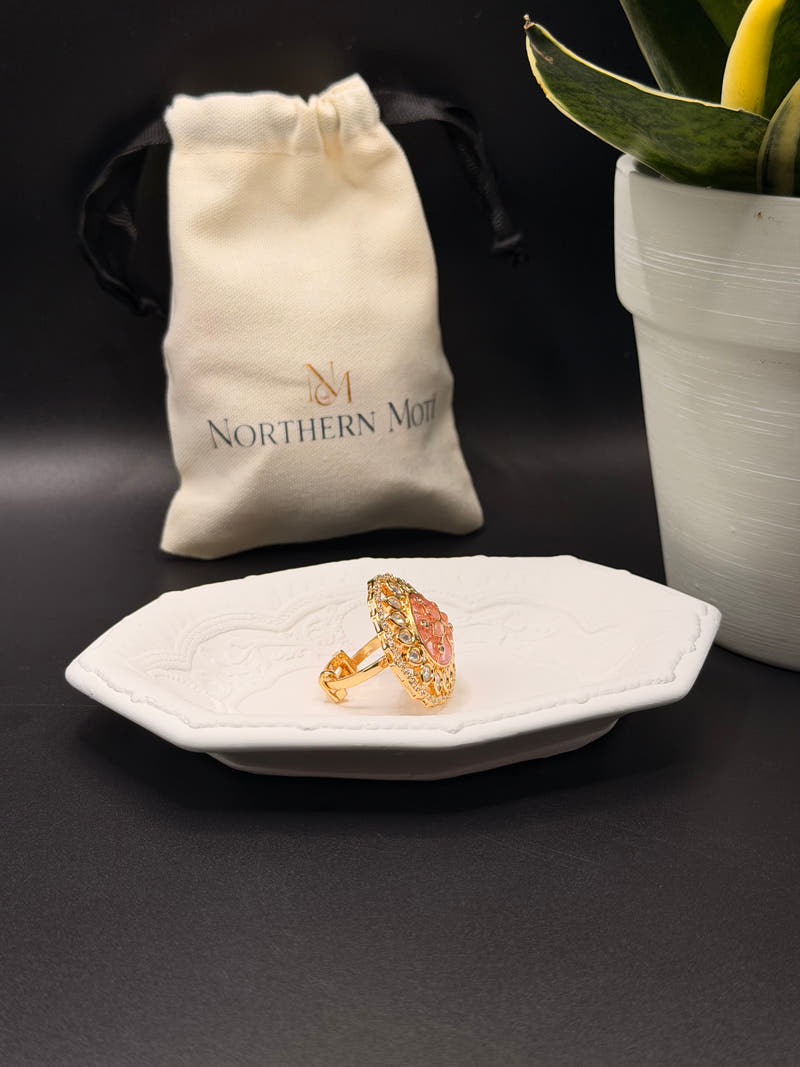 Peach Carved Polki Ring - Image 2