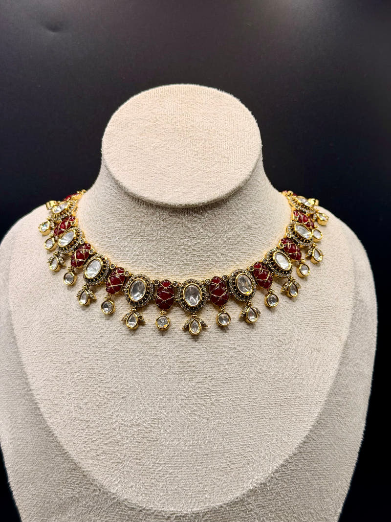 Maroon Meena Polki Choker Set - Image 1