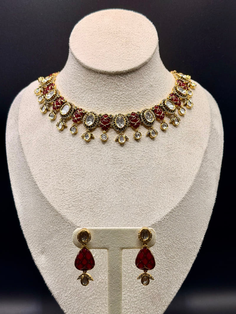 Maroon Meena Polki Choker Set - Image 2