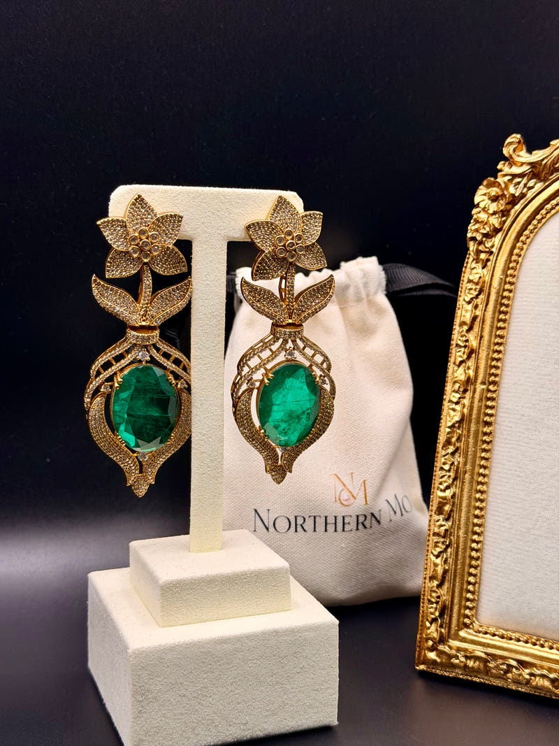 Floral Cut Emerald Drop Earrings - Image 2